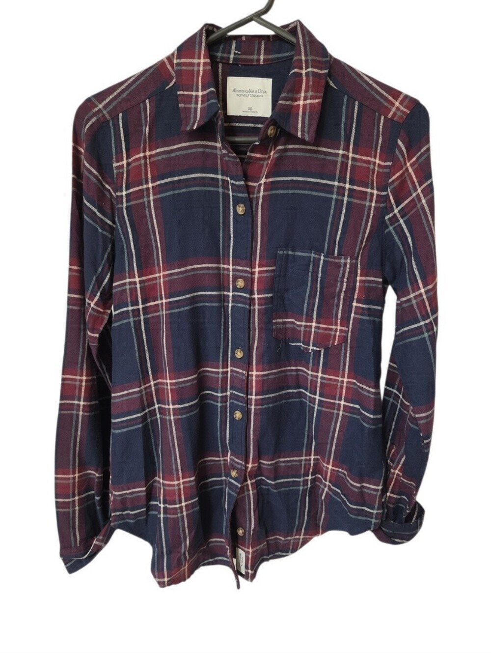 Men's Navy and Burgundy Plaid Button-Up Shirt
